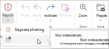 È possibile usare il pulsante Segnala > non indesiderato per ripristinare un messaggio dalla cartella Email posta indesiderata e quindi indicare a Outlook di interrompere l'invio di messaggi da tale mittente nella cartella Email posta indesiderata.