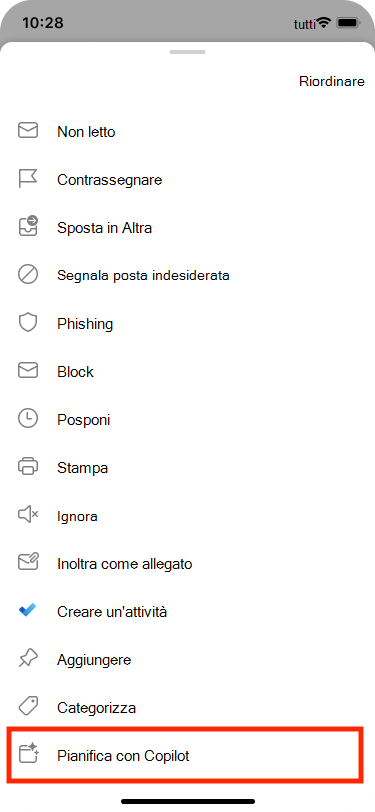 Pianifica da Email può essere selezionato dal menu Altre azioni