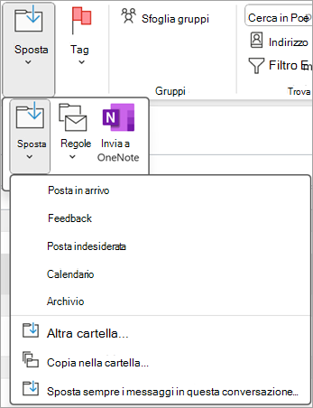 Selezionare un elemento eliminato che si vuole ripristinare e quindi usare il pulsante Sposta sulla barra multifunzione per spostarlo in un'altra cartella.