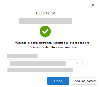 Screenshot che mostra la finestra di successo quando si aggiunge un account Google