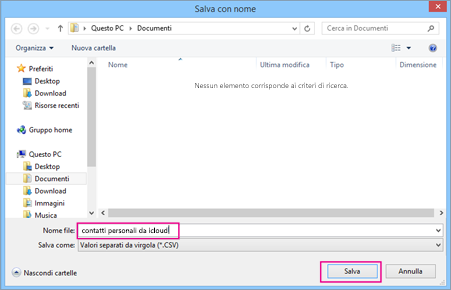 Digitare un nome per il file csv e quindi scegliere Salva.