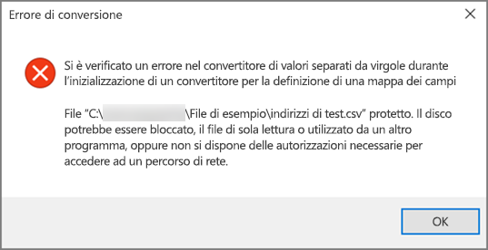 Questo è il messaggio di errore visualizzato se il file .csv contiene dati formattati in modo non corretto.