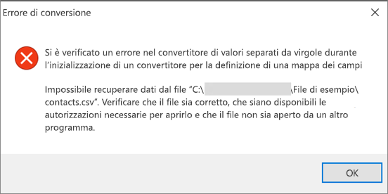 Questo è il messaggio di errore visualizzato quando il file .csv è vuoto.