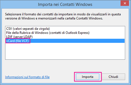 Scegliere vCard, quindi Importa.
