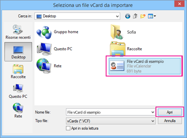 Scegliere il file vCard da importare in .csv.