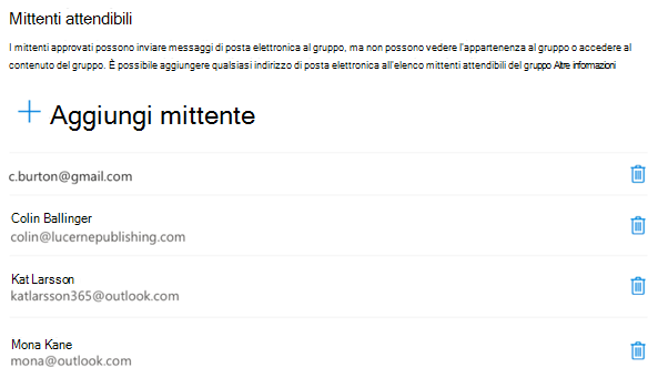 È possibile aggiungere o rimuovere mittenti in qualsiasi momento.