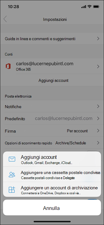 Aggiungere un account all'app Outlook