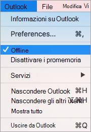 Mostra l'opzione Offline selezionata nel menu di Outlook