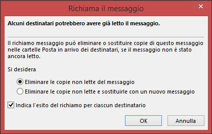 Finestra di dialogo Richiama il messaggio