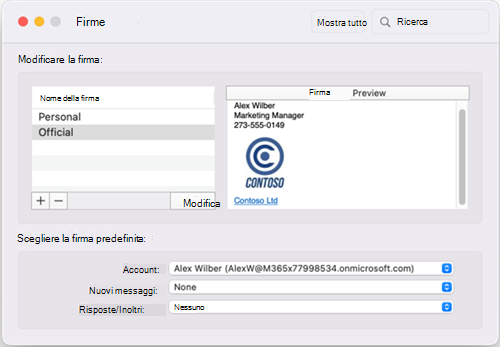 Outlook per Mac finestra Firme predefinite