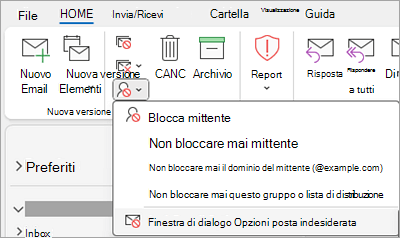 Screenshot che mostra l'elenco a discesa Blocca mittente con l'opzione Opzioni posta indesiderata selezionata