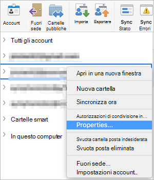 Mostra il menu di scelta rapida di una cartella di Exchange con l'opzione Proprietà selezionata