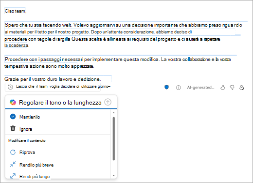 Mostra la pagina Nuovo messaggio di Outlook con una bozza creata da Outlook. Sotto la bozza ci sono le opzioni per mantenere, eliminare o modificare la bozza.