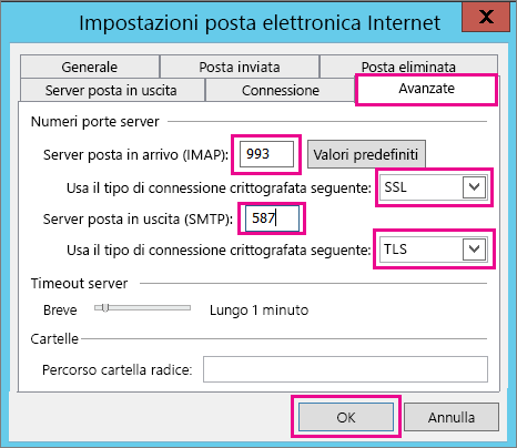 Immettere le impostazioni avanzate per la posta elettronica.