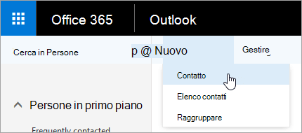 Screenshot del menu di scelta rapida per il pulsante Nuovo, con Contatto selezionato.