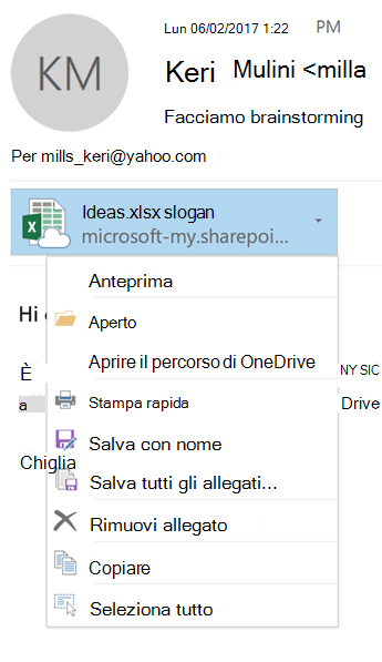 Selezionare la freccia a discesa a destra dell'icona dell'allegato per visualizzare il menu Allegato