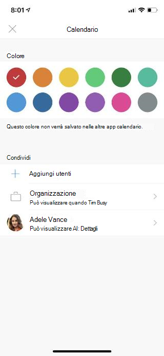 Mostra lo schermo di un dispositivo mobile con Calendar nella parte superiore. Sotto la sezione Condividi sono disponibili un paio di opzioni e il nome di una persona aggiunta.