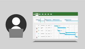 Simbolo di una persona con lo schermo di un computer accanto a un'illustrazione di un diagramma di Gantt