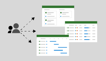 Piccola immagine che mostra le frecce tra l'icona di persone e screenshot della visualizzazione griglia, bacheca e sequenza temporale in Project per il Web