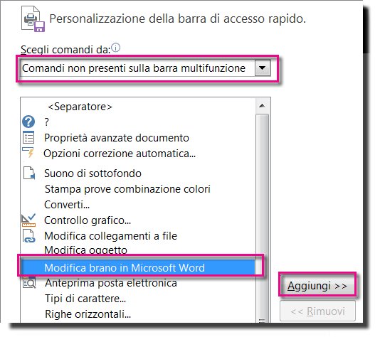 Aggiungere il pulsante Modifica brano in Microsoft Word alla barra di accesso rapido di Publisher.