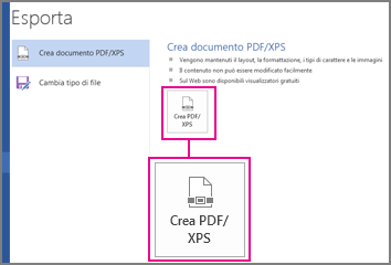 Pulsante Crea PDF/XPS nella scheda Esporta in Word 2016.