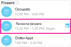 Schermata riunioni in programma con una riunione evidenziata