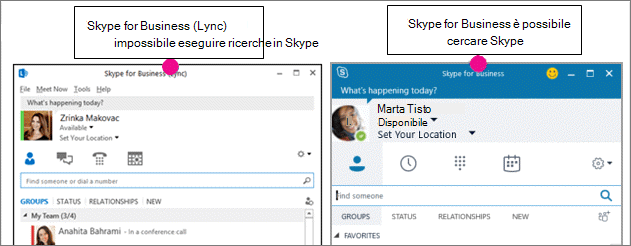 Confronto affiancato della pagina dei contatti di Skype for Business e di quella di Skype for Business (Lync)