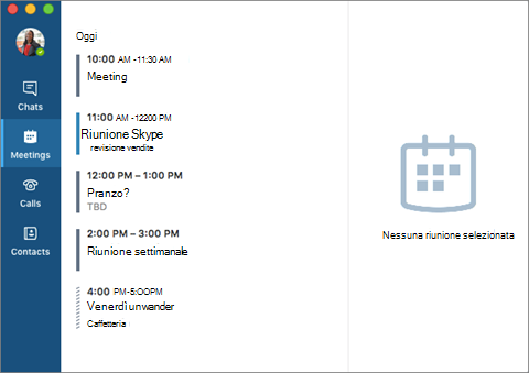 Finestra principale di Skype for Business per Mac