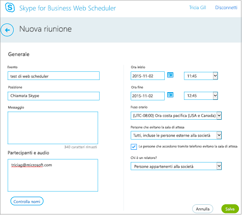 Schermata di Web Scheduler in cui si inseriscono i dettagli della riunione e si aggiungono gli invitati