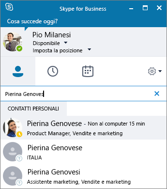 Screenshot della finestra Skype for Business durante la ricerca di un contatto da aggiungere.
