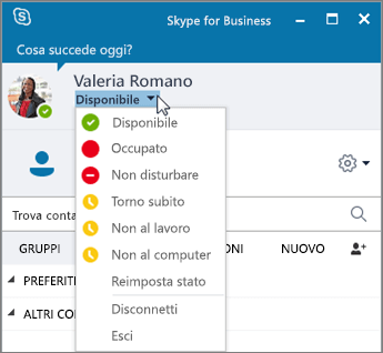 Screenshot della finestra di Skype for Business con il menu Stato aperto.