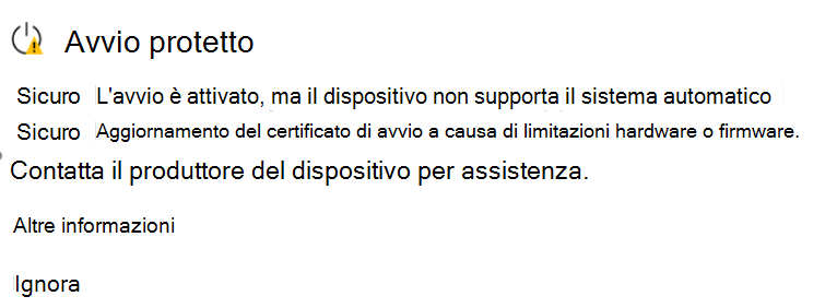 La sezione Avvio protetto mostra lo stato Non ancora aggiornato con un'icona di avviso gialla.
