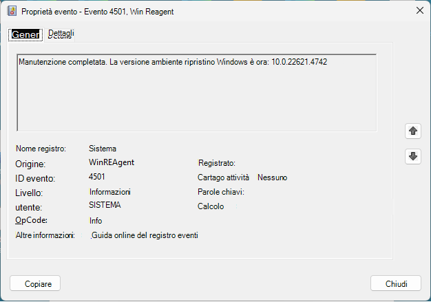 WinRE Event Properties