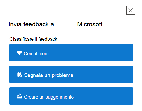 Pagina di primo livello Invia feedback nell'app Richiesta supporto.