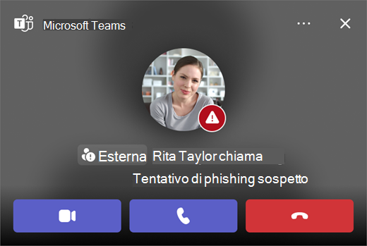 Screenshot di una chiamata sospetta di tentativo di phishing in Microsoft Teams.