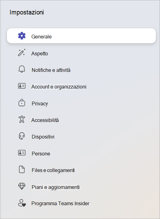 Screenshot del riquadro Impostazioni che mostra categorie come Generale, Privacy e Dispositivi.