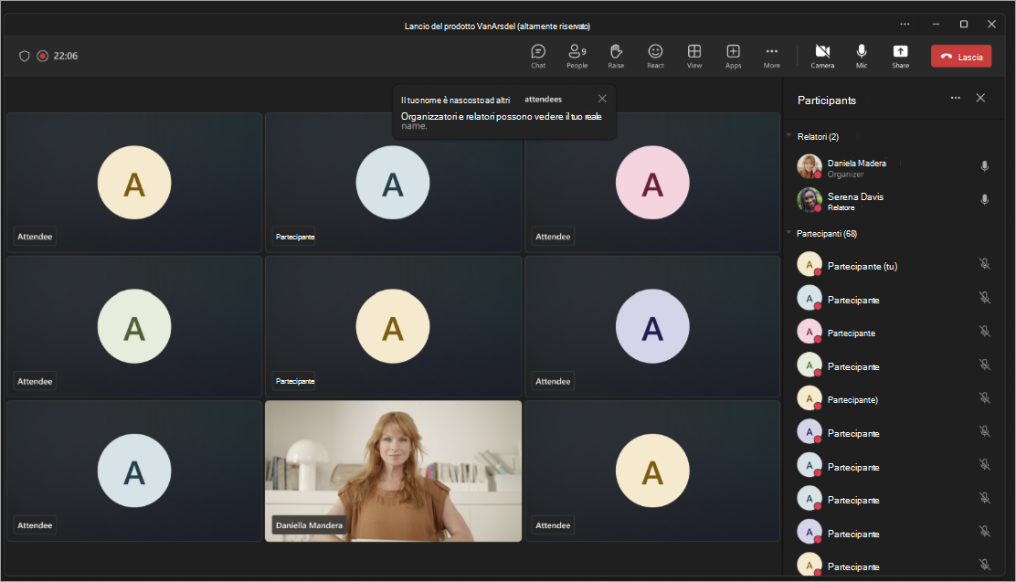 Screenshot che mostra la visualizzazione partecipanti quando i nomi sono nascosti nella riunione o nel webinar di Teams.