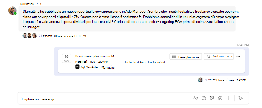 Screenshot che mostra la chat della riunione in thread in un canale di Microsoft Teams.