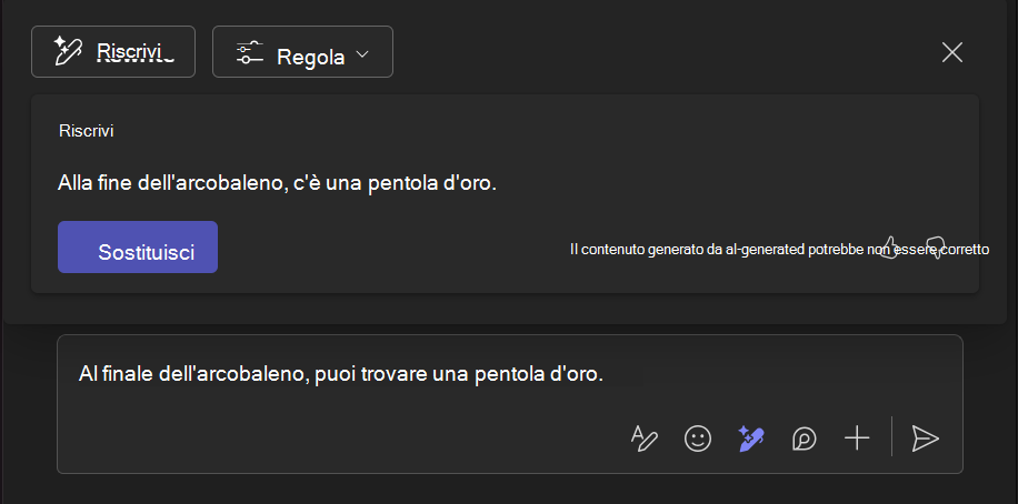 Screenshot che mostra come lo strumento Riscrivi con Copilot aiuta a migliorare una porzione di testo.