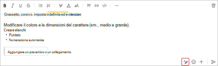 Screenshot che mostra le opzioni per la formattazione di un messaggio di chat