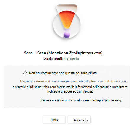 Sms che chiede all'utente di accettare o bloccare una nuova chat