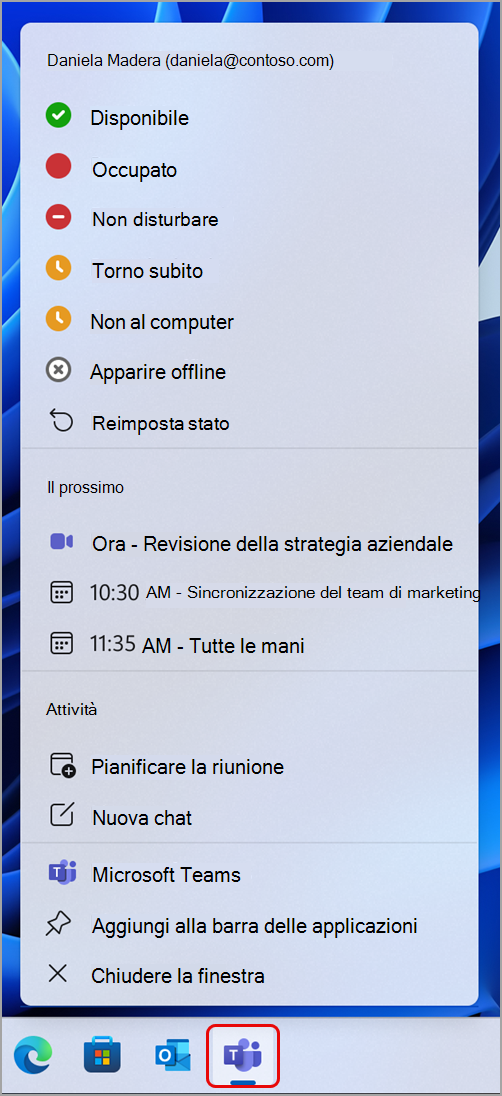 Screenshot che mostra le azioni che è possibile eseguire in Teams tramite la barra delle applicazioni di Windows.
