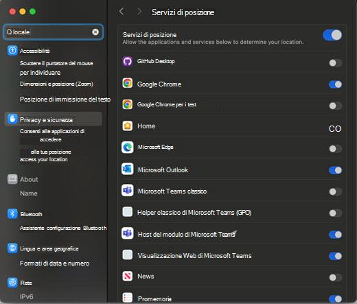 Schermata della finestra di dialogo Impostazioni posizioni per MAC