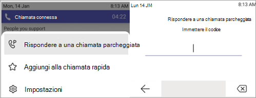 Screenshot che mostra il processo per riprendere la chiamata parcheggiata.