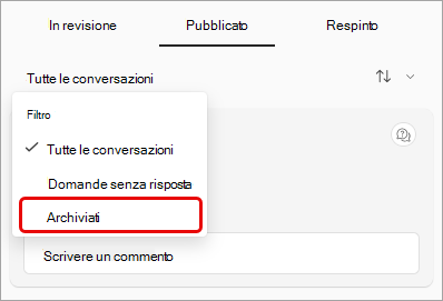 Screenshot del menu a discesa del filtro Q&A, con l'opzione Archiviata evidenziata.