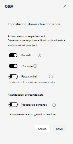 Screenshot che mostra le impostazioni della sessione di Domande e risposte durante un’assemblea generale