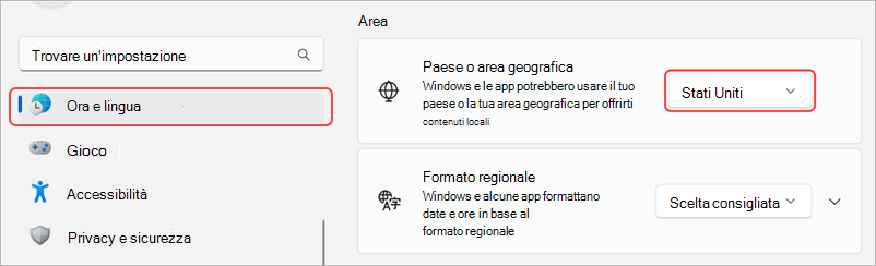 Impostazioni internazionali in un dispositivo Windows.