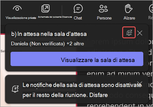 Screenshot di una notifica di sala di attesa con l'icona Disattiva l'audio di queste notifiche.