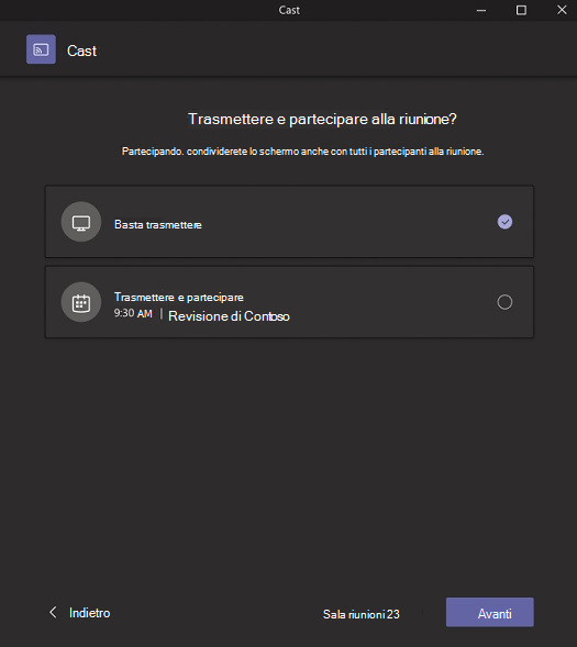 Una finestra popup che ti consente di scegliere se trasmettere o trasmettere e partecipare a una riunione.