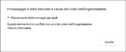 Un messaggio di dialogo spiega perché un messaggio è stato eliminato perché contiene contenuto non adatto ai minori.
